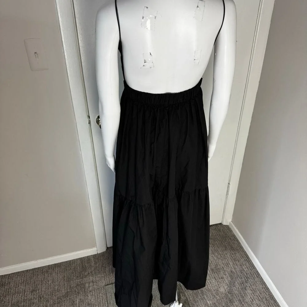 Commense Boho Pleated Solid Black Backless Tiered Evening Cocktail Maxi Dress S - Picture 6 of 13